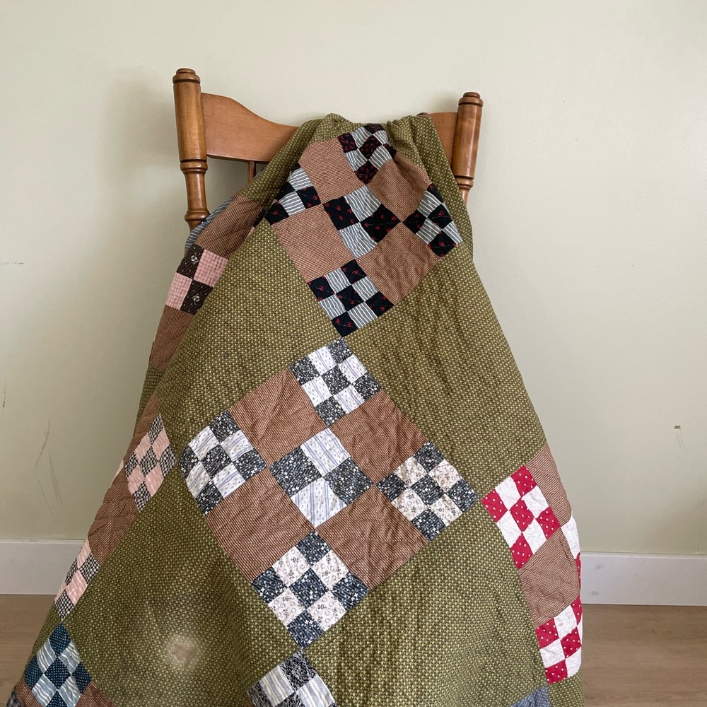 Heirloom Antique Quilt Nine patch 71x71” Primitive Patchwork Handmade Vintage